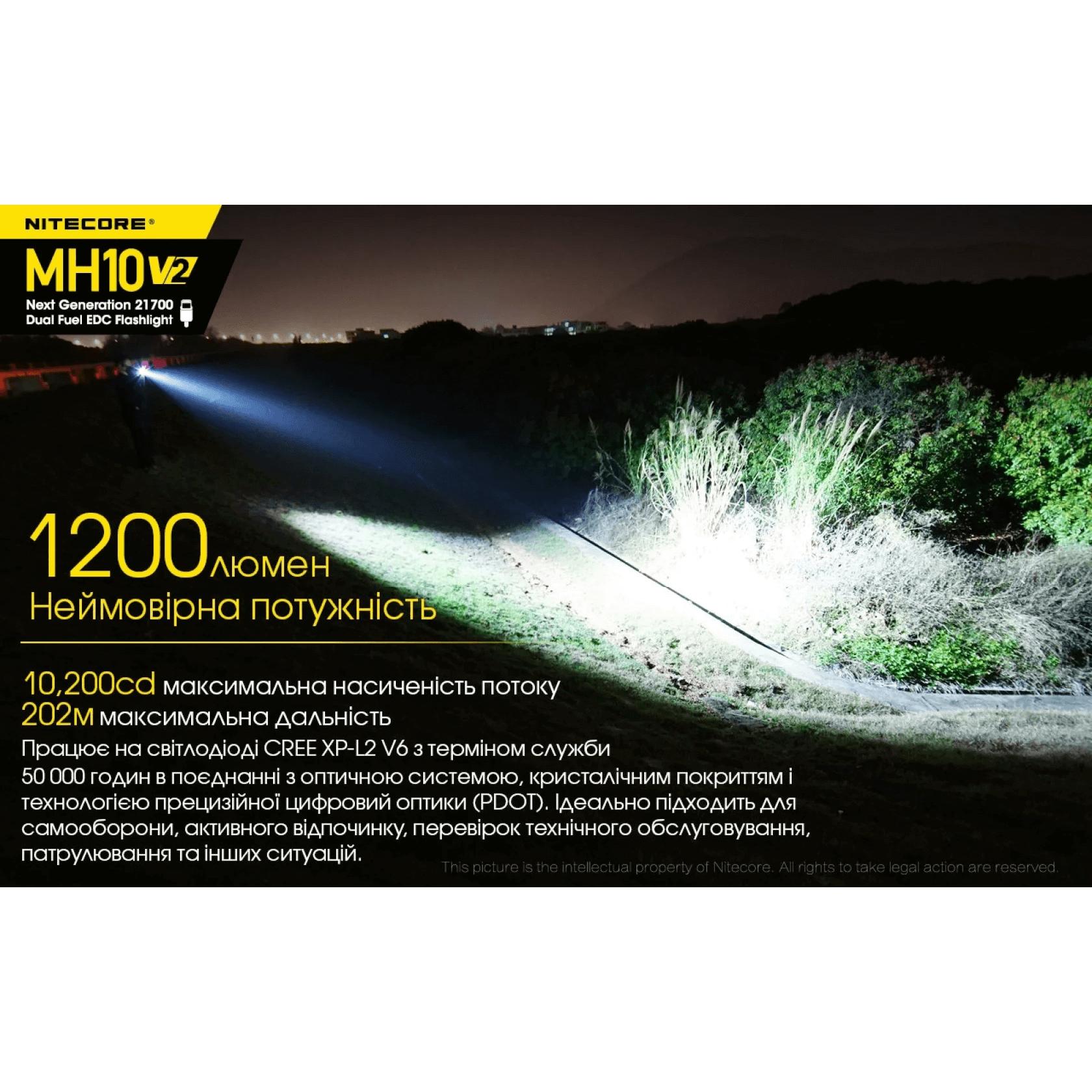 Ліхтар кишеньковий Nitecore MH10 V2 (Cree XP-L2 V6, 1200 люмен, з акумулятором) - фото 14